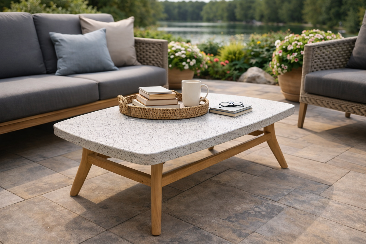 Table à café extérieure Palma 43" faux stone blanc et teck naturel – T3WW0091