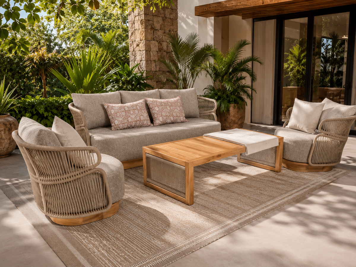 Alizé 4-piece Patio Set by Atoll – Aluminum, commercial cordage, and Indonesian teak