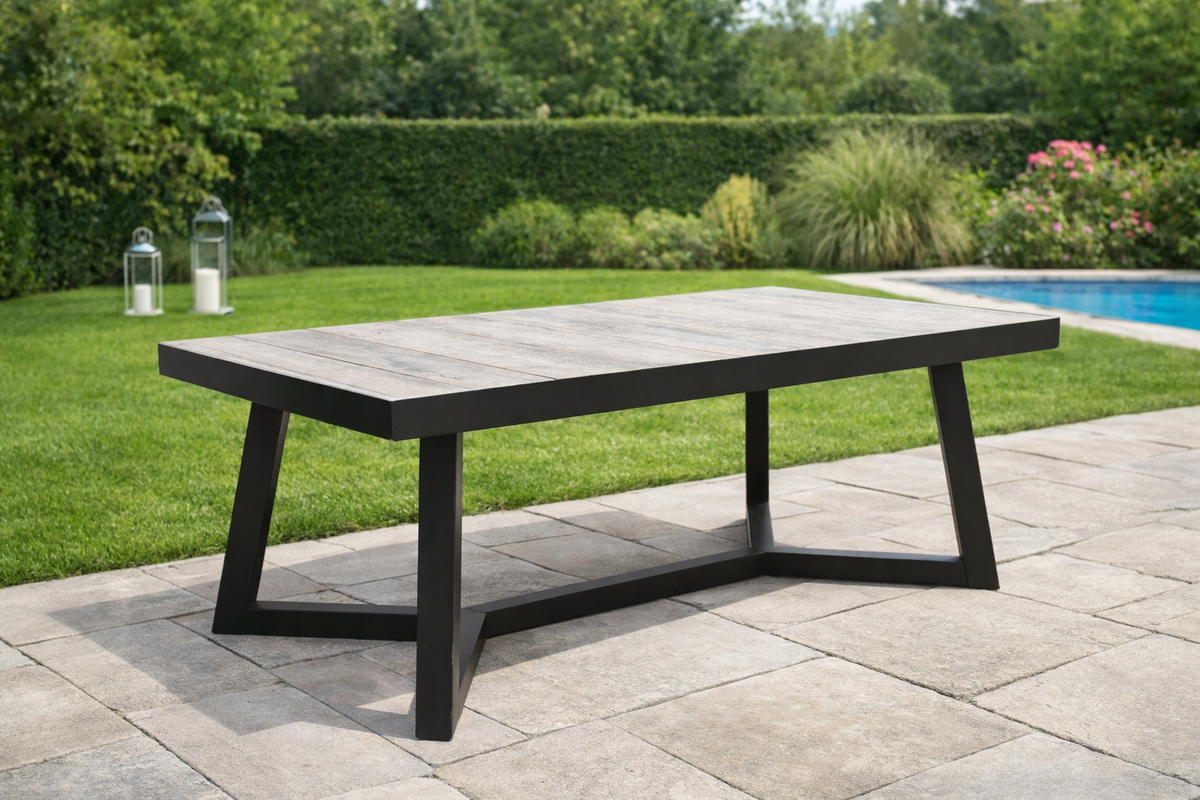Castle Rock Collection – Charcoal Ceramic and Black Aluminum Patio Table