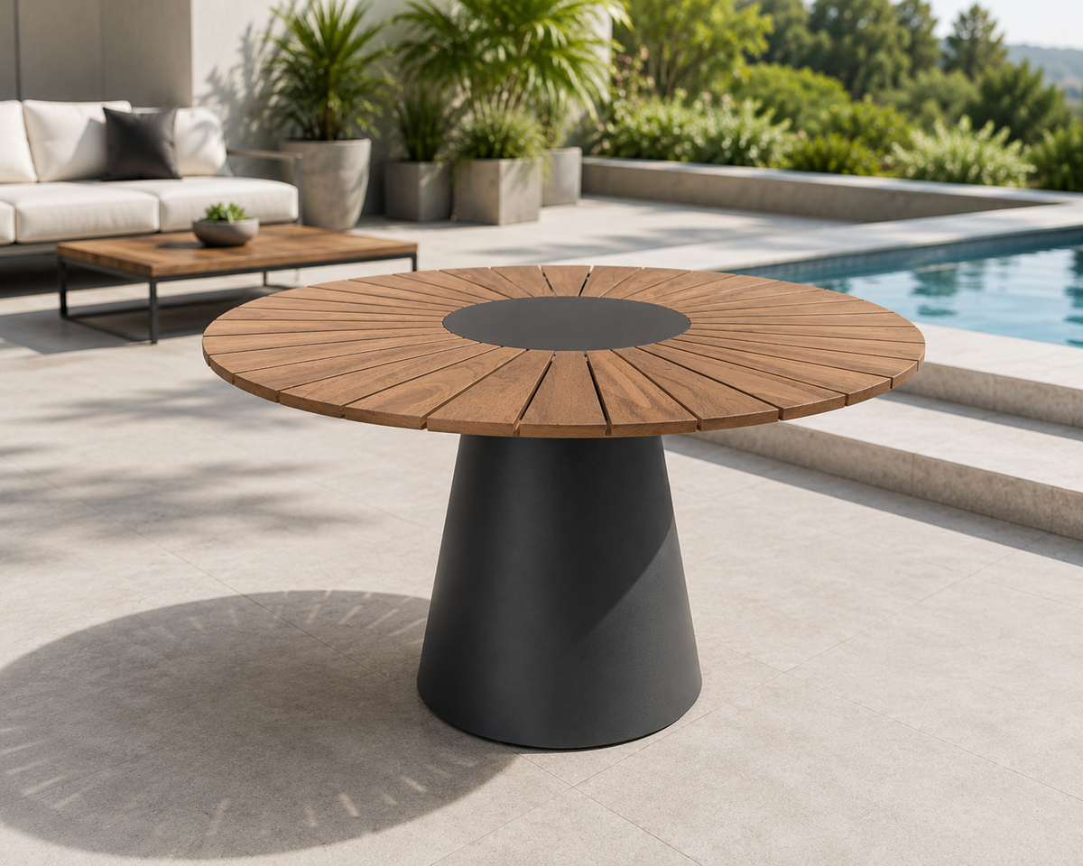 MAREA 48-inch Round Outdoor Table by Atoll | Treated Teak Top and Aluminum Frame