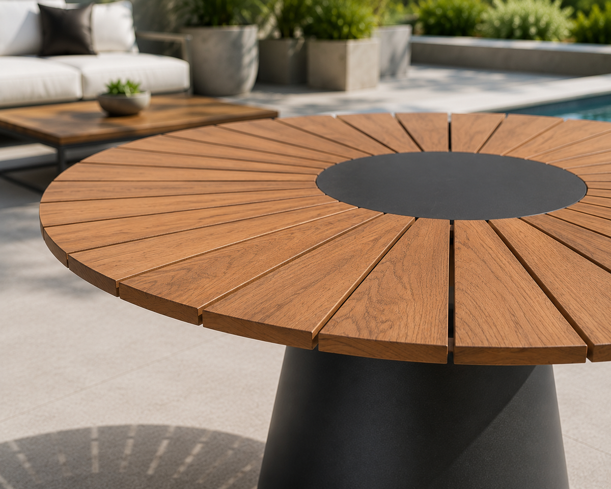 MAREA 48-inch Round Outdoor Table by Atoll | Treated Teak Top and Aluminum Frame