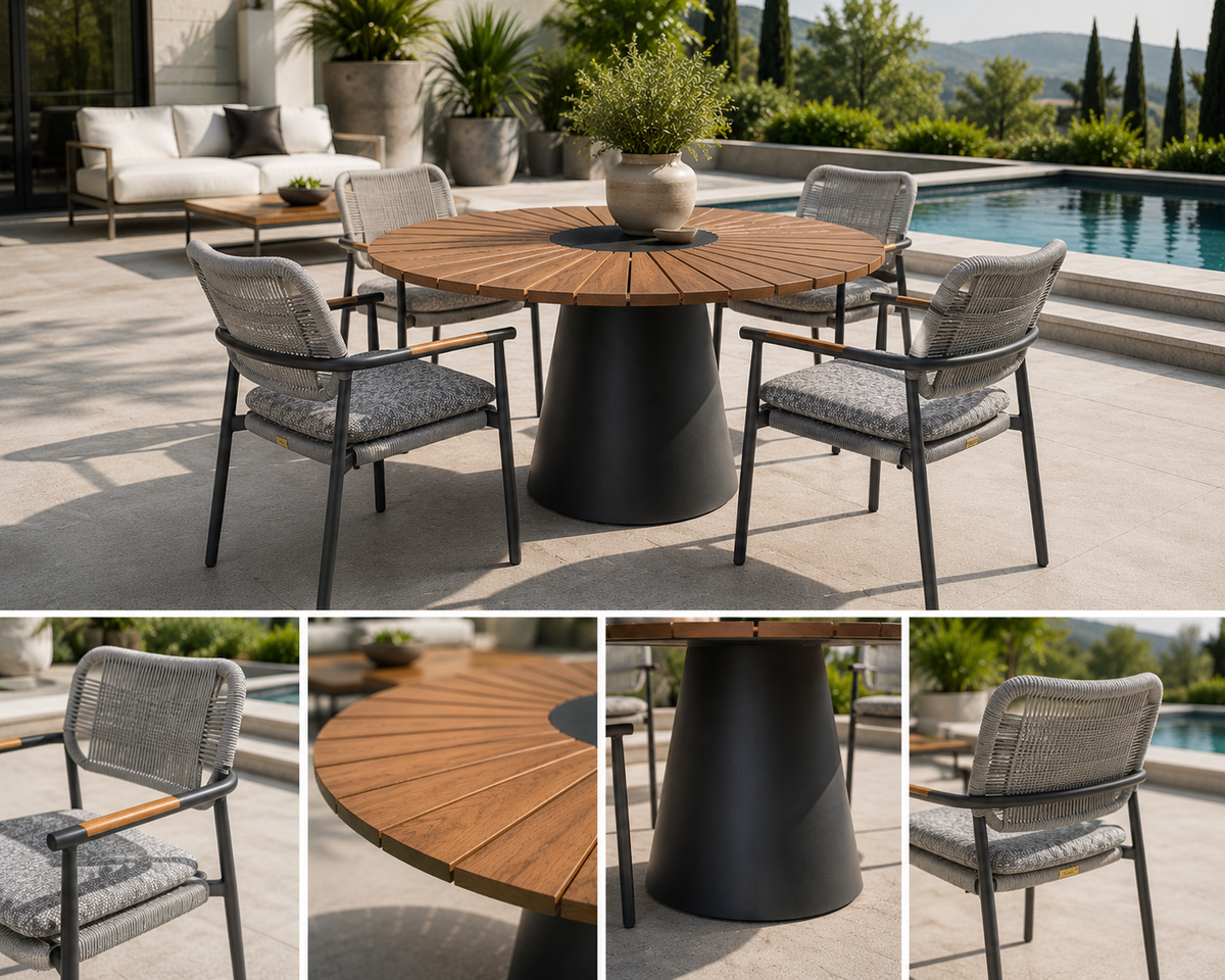 MAREA 48-inch Round Outdoor Table by Atoll | Treated Teak Top and Aluminum Frame