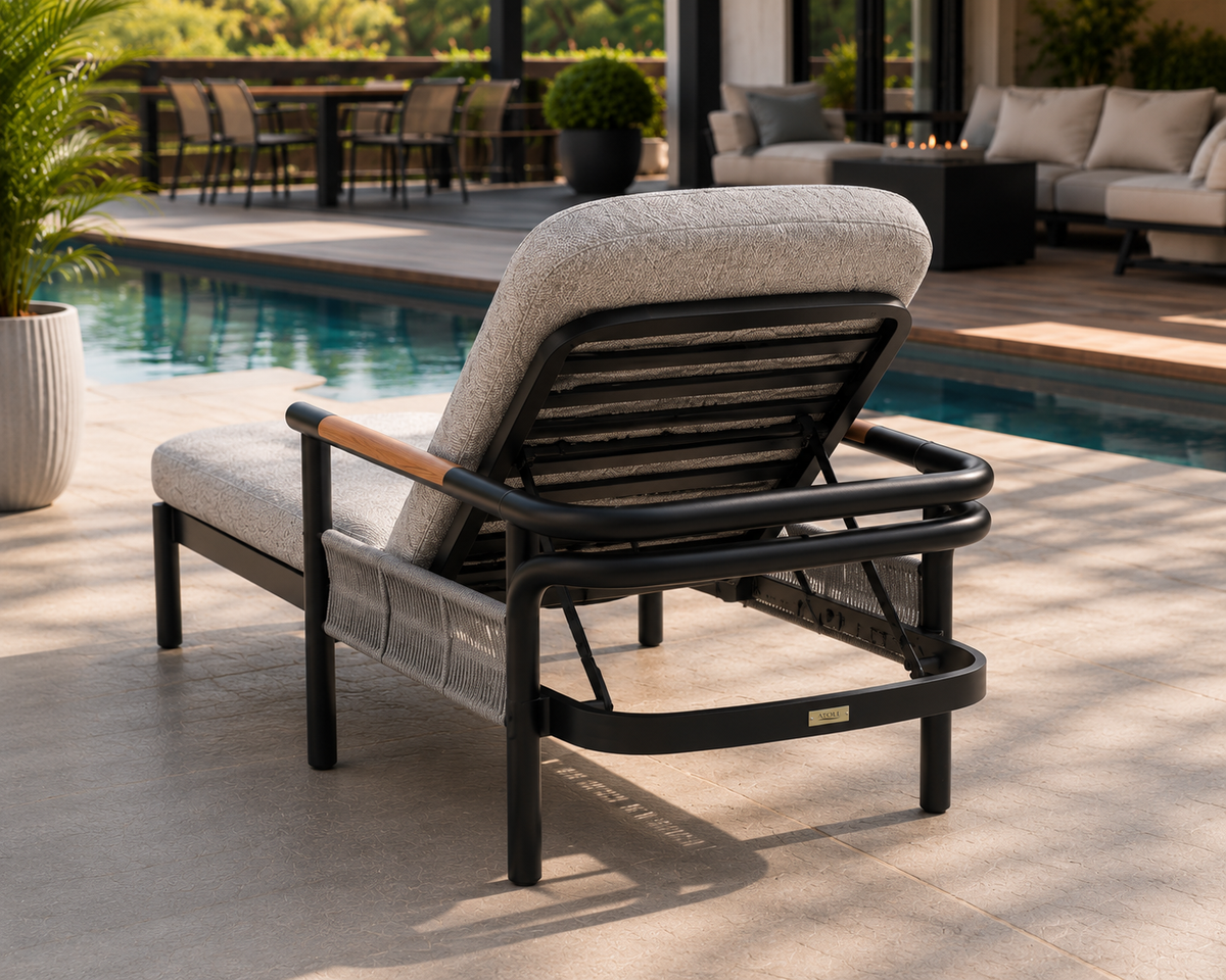 Maho Lounger by ATOLL – Black Aluminum with Teak Armrests