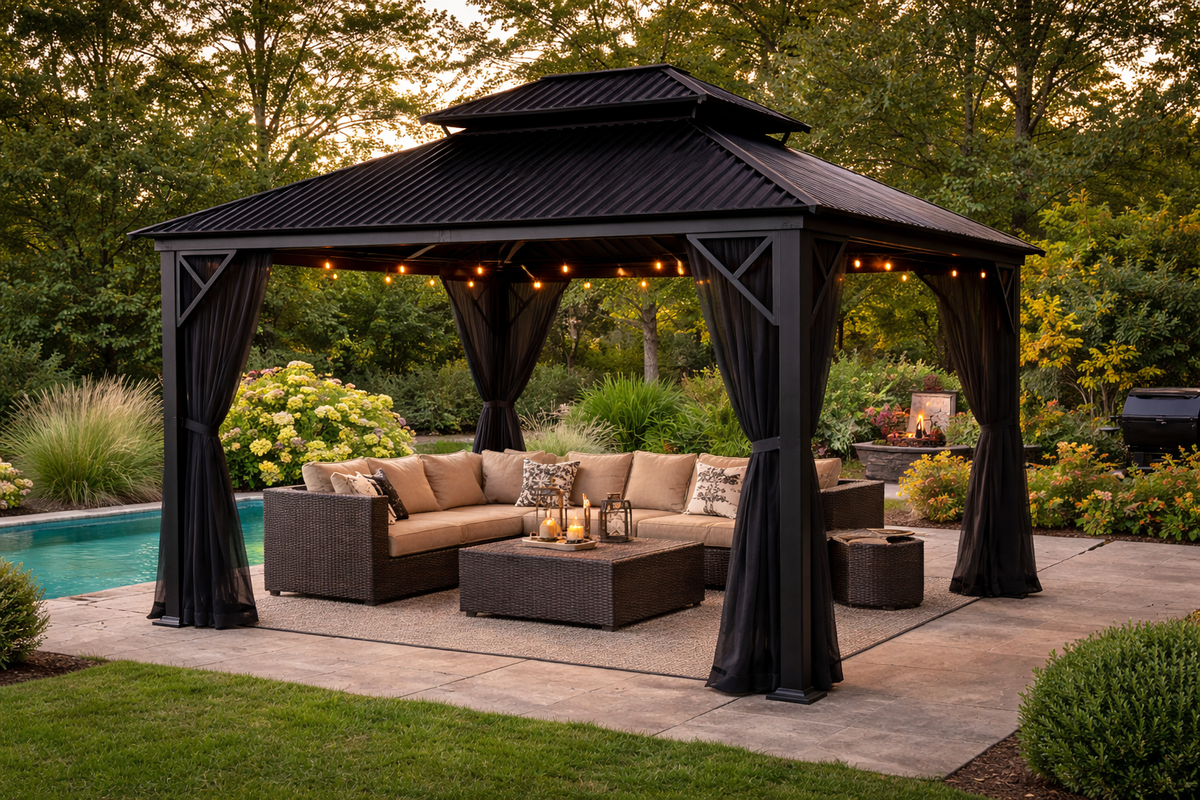 Metropolis Gazebo in Black Aluminum with Galvalume® Roof - Corriveau International