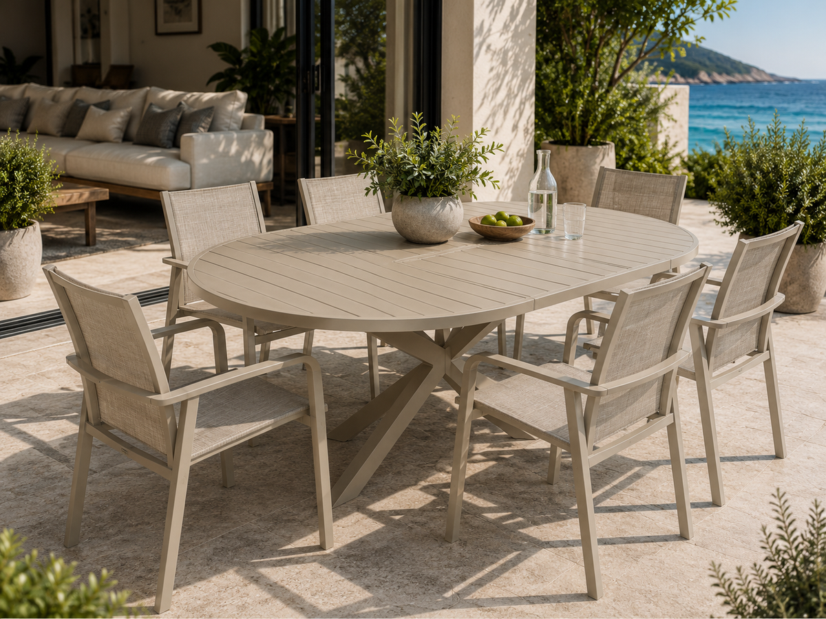 LIORA Extendable Round Outdoor Table by Moss | Sand-Colored Aluminum