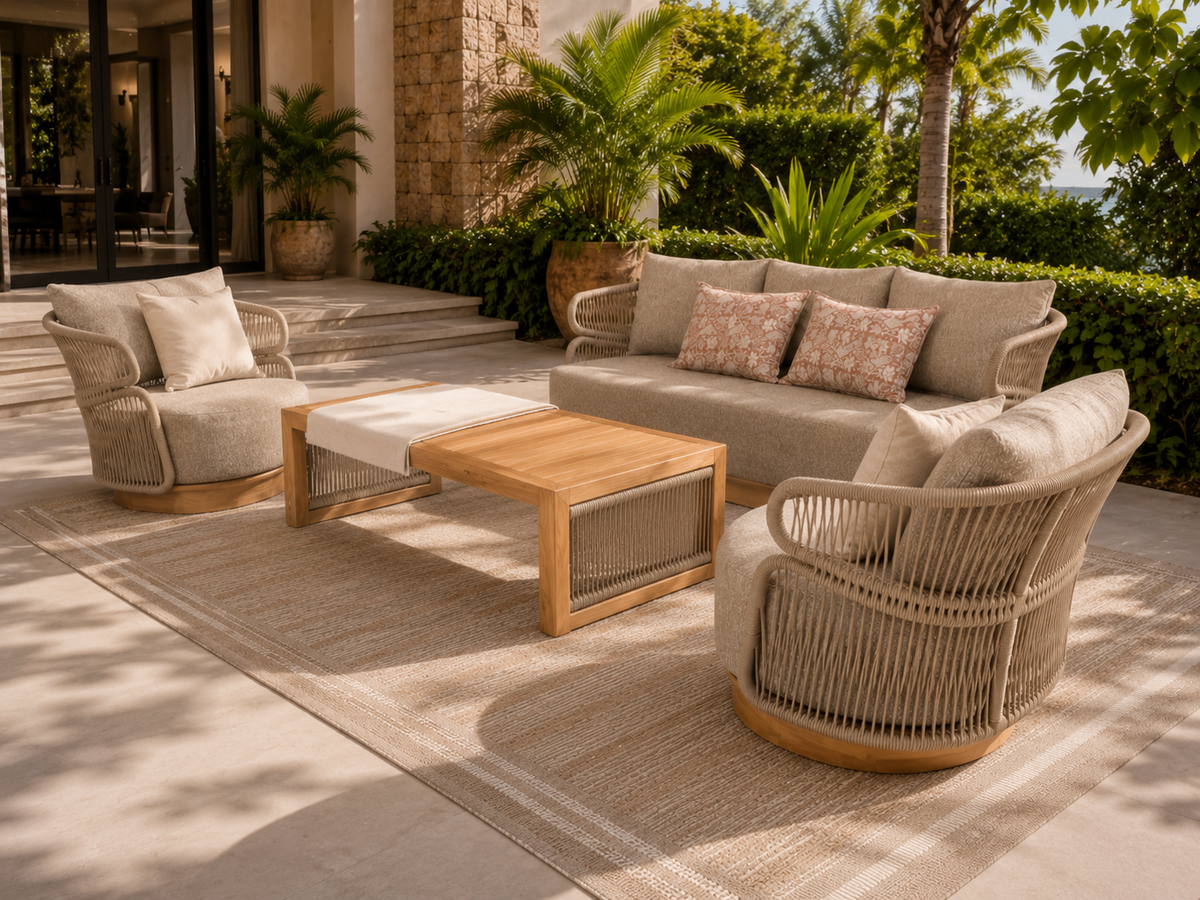Alizé 4-piece Patio Set by Atoll – Aluminum, commercial cordage, and Indonesian teak