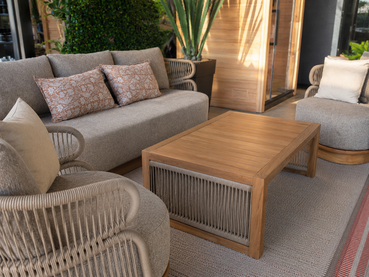 Alizé 4-piece Patio Set by Atoll – Aluminum, commercial cordage, and Indonesian teak
