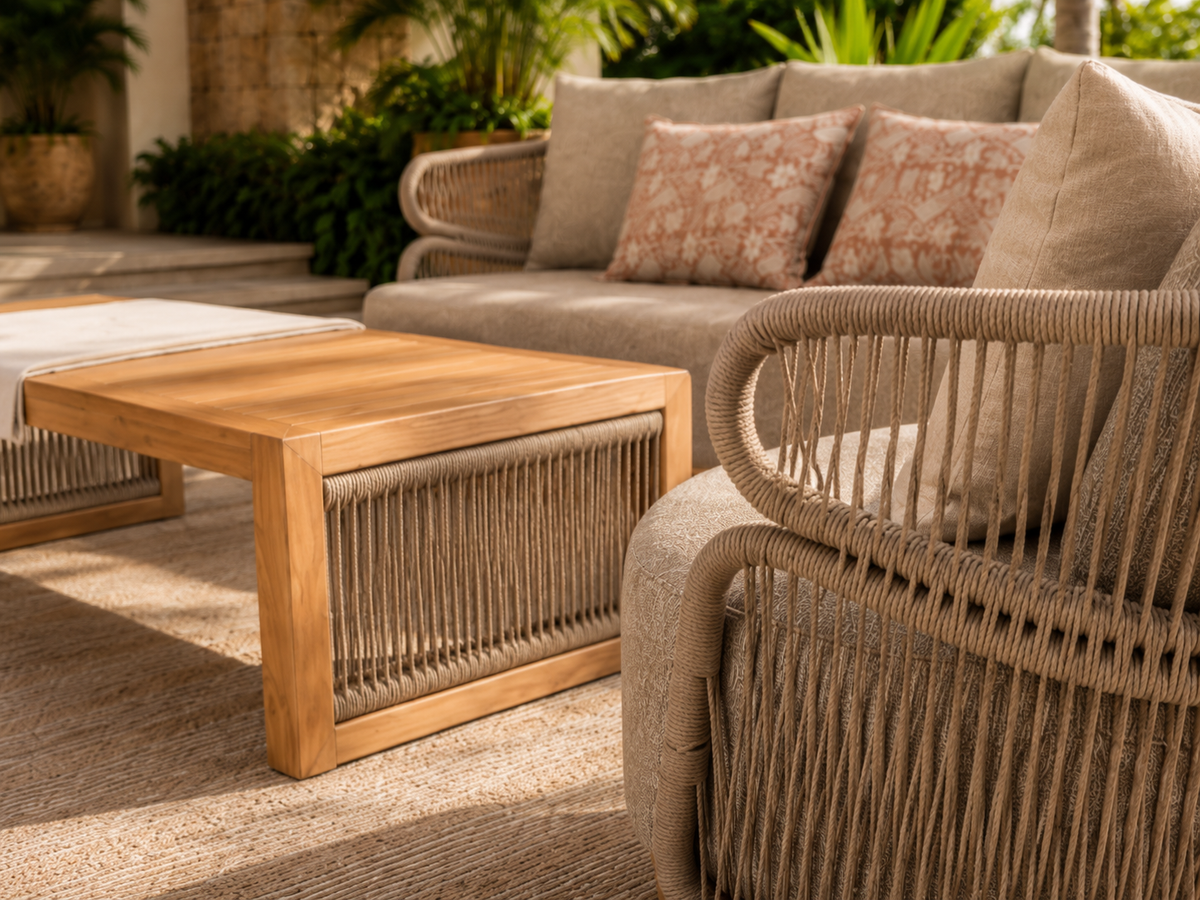 Alizé 4-piece Patio Set by Atoll – Aluminum, commercial cordage, and Indonesian teak