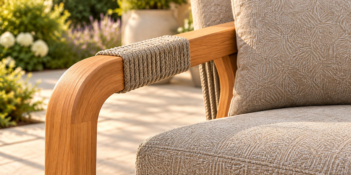 Détail de l’accoudoir en teck et du cordage de l’ensemble ATOLL Luna