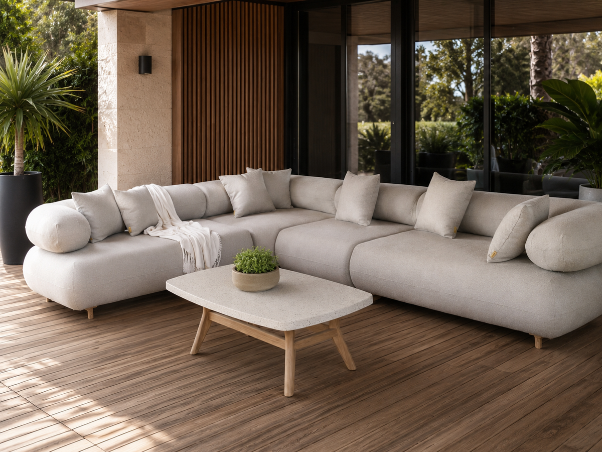 Large Pale Beige L-Shaped Sectional by Atoll with Coffee Table – Indoor and Outdoor Furniture 140 x 105 in