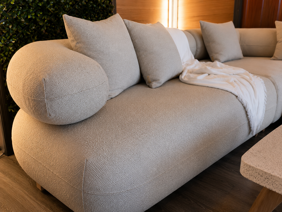 Large Pale Beige L-Shaped Sectional by Atoll with Coffee Table – Indoor and Outdoor Furniture 140 x 105 in