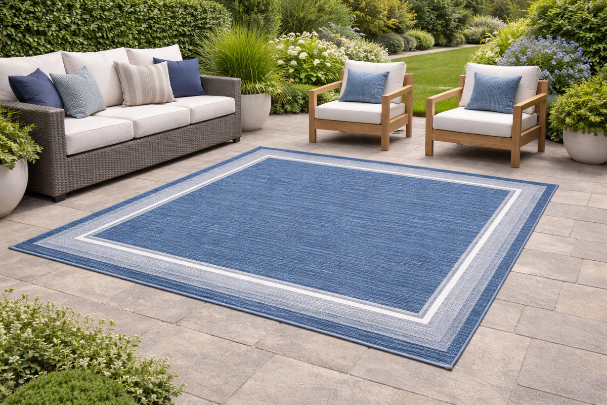 Seaside Harbor Blue Outdoor Rug – Blue patio rug with spa and natural border