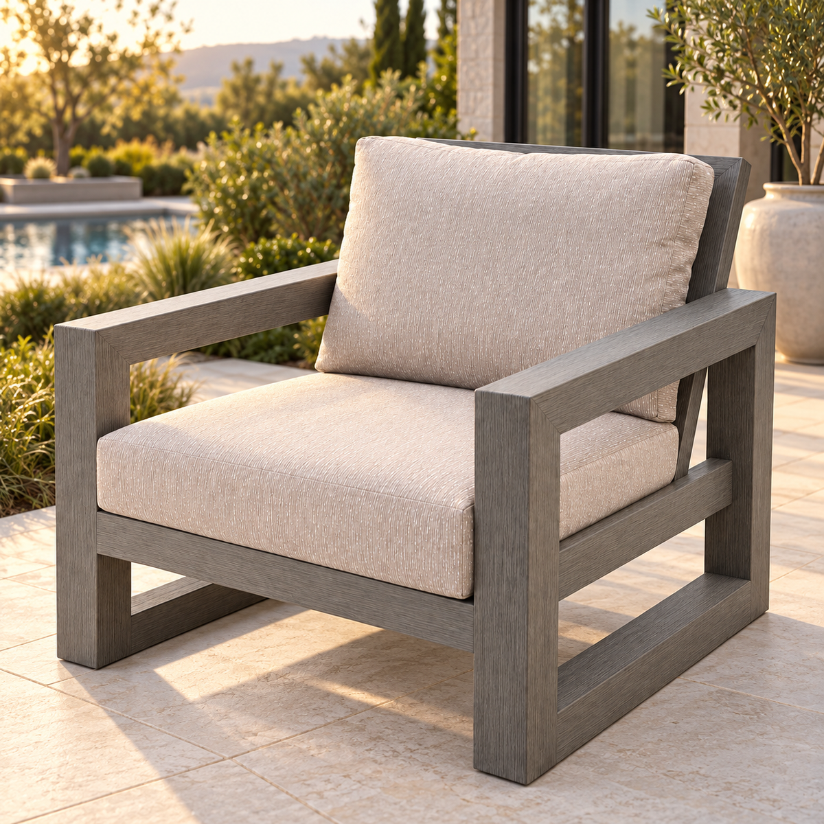 Fauteuil Ratana Milano à structure en aluminium gris Opal Grey et coussins clairs, présenté sur une terrasse