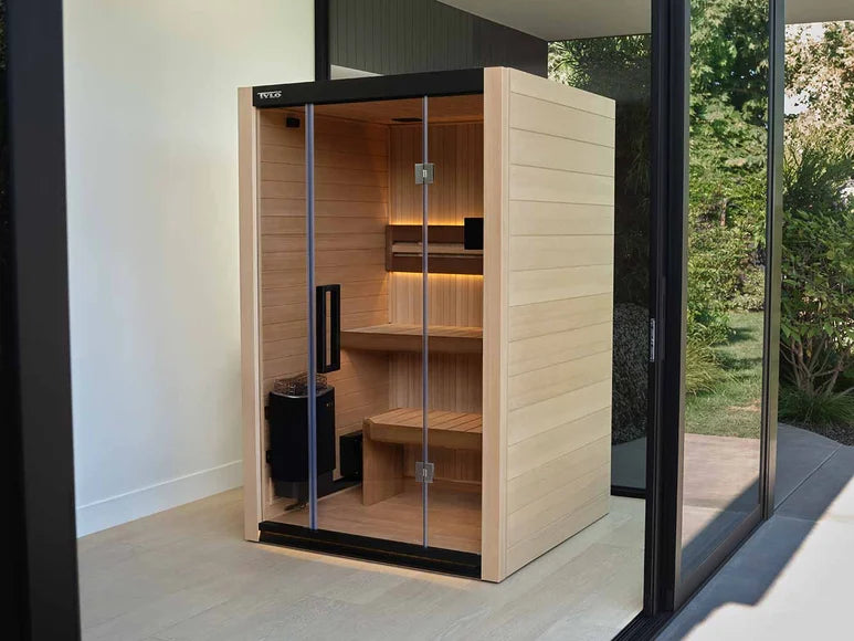 Boiseries et façade vitrée du sauna Tylö Halmstad