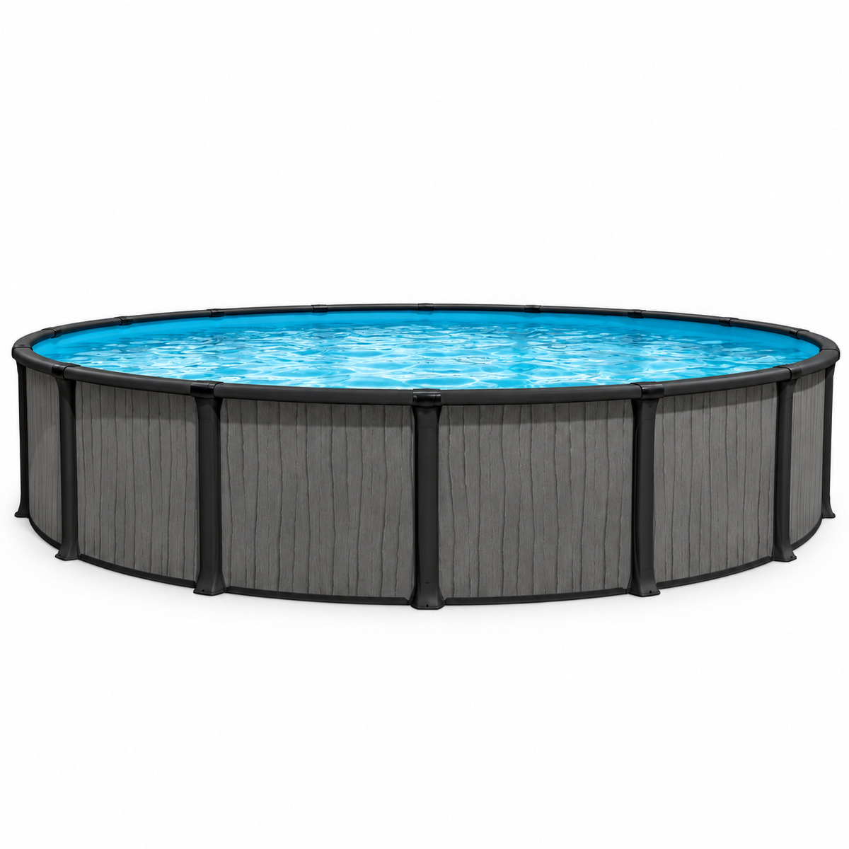 Piscine hors terre ronde Orléans Alani aux tons foncés, vue du bassin et des montants