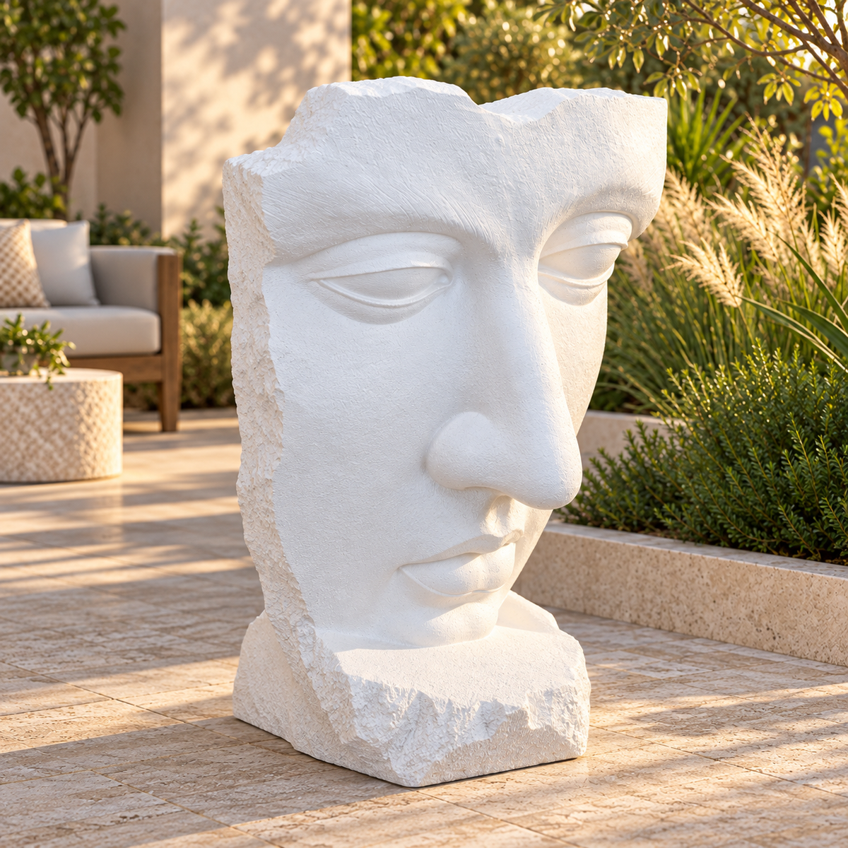 Vue de trois quarts de la sculpture de visage Atoll blanche et de ses contours irréguliers