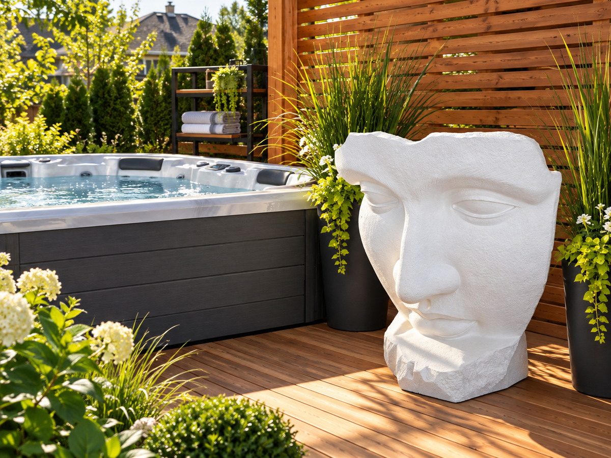 Sculpture de visage Atoll blanche placée près d’un spa sur une terrasse en bois