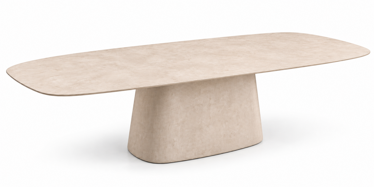 Table ATOLL Horizon 86 x 43 po en fibrociment Light Sand - vue produit avec socle central