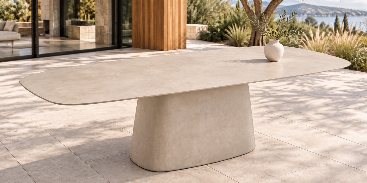 Table à manger extérieure ATOLL Horizon 94 x 43 po en fibrociment Light Sand avec pied central