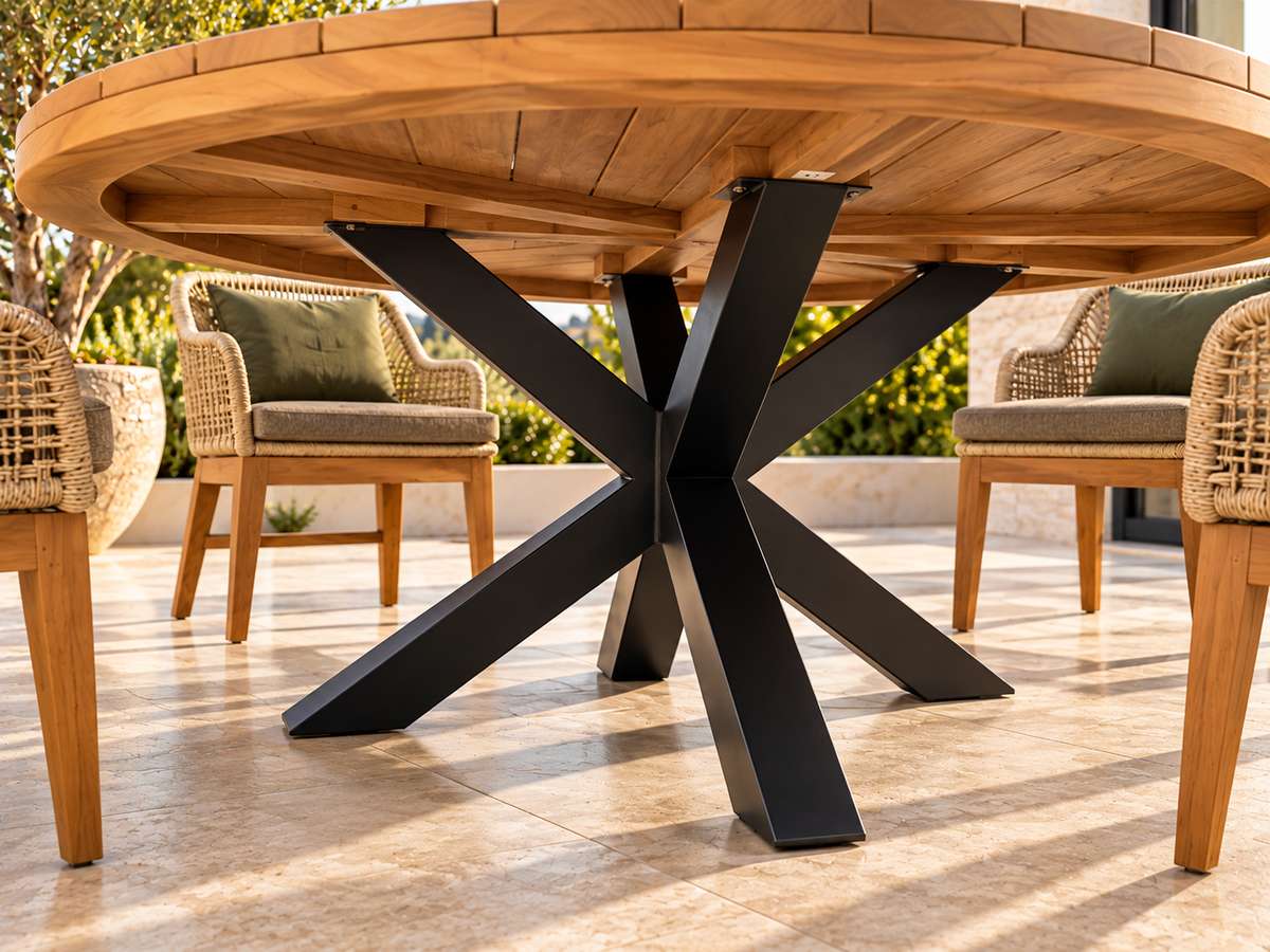 Détail de la base centrale en aluminium noir de la table Atoll Sola
