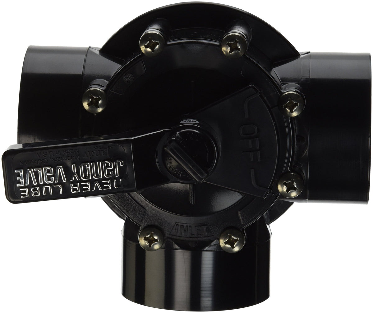 Vue de dessus de la valve Jandy Never Lube 4717 et de ses trois raccords