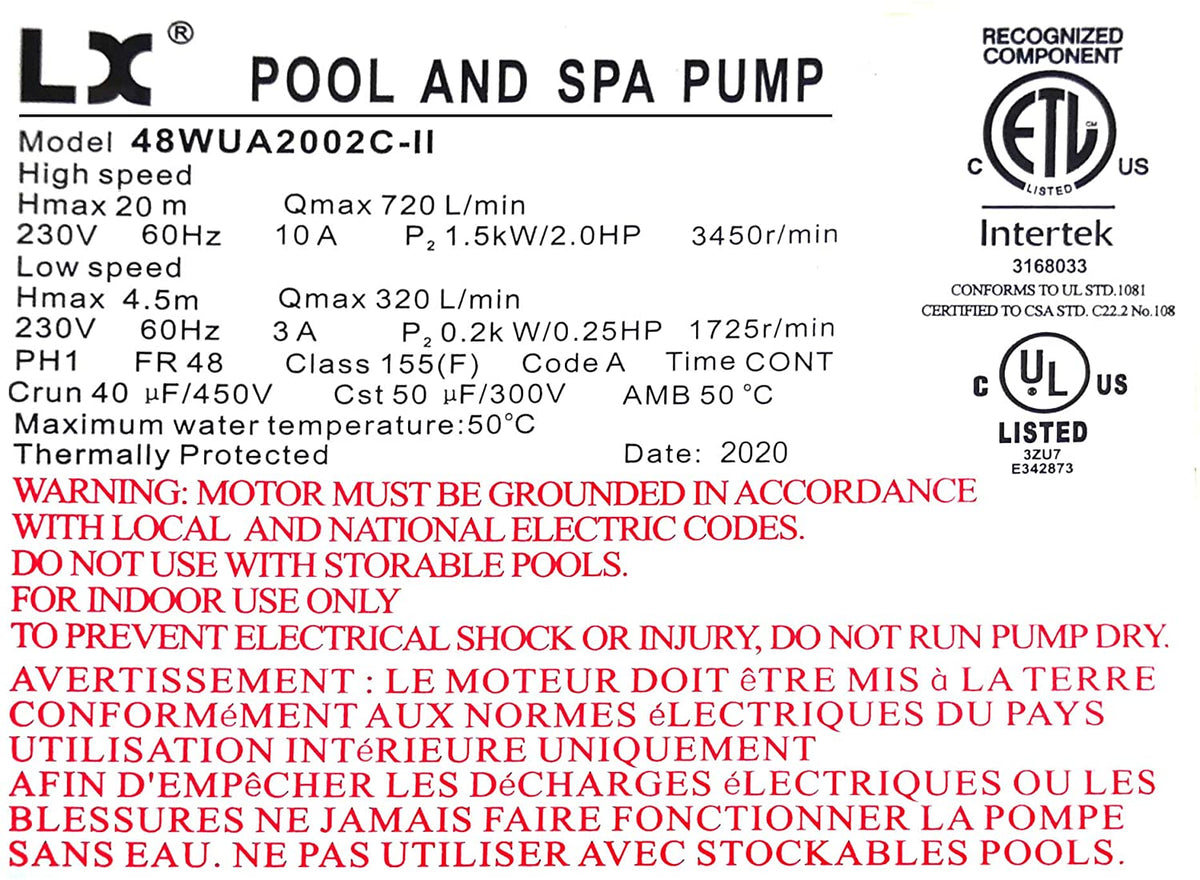 LX 48WUA2002C-II spa pump - 230 V, 2 speeds, 48 Frame