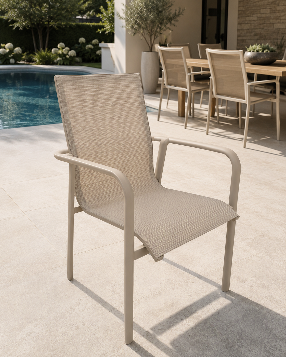 Alya Outdoor Dining Chair by MOSS – Stackable Sand Aluminum  