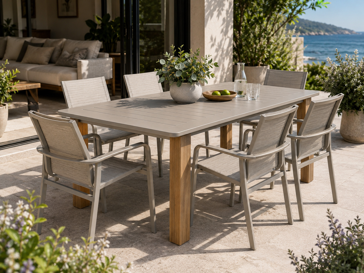 Zena Extendable Outdoor Dining Table by MOSS – Sand Aluminum, 39 in x 71 in to 119 in  