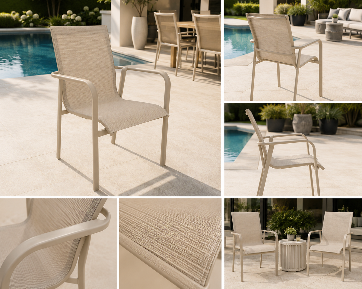 Alya Outdoor Dining Chair by MOSS – Stackable Sand Aluminum  