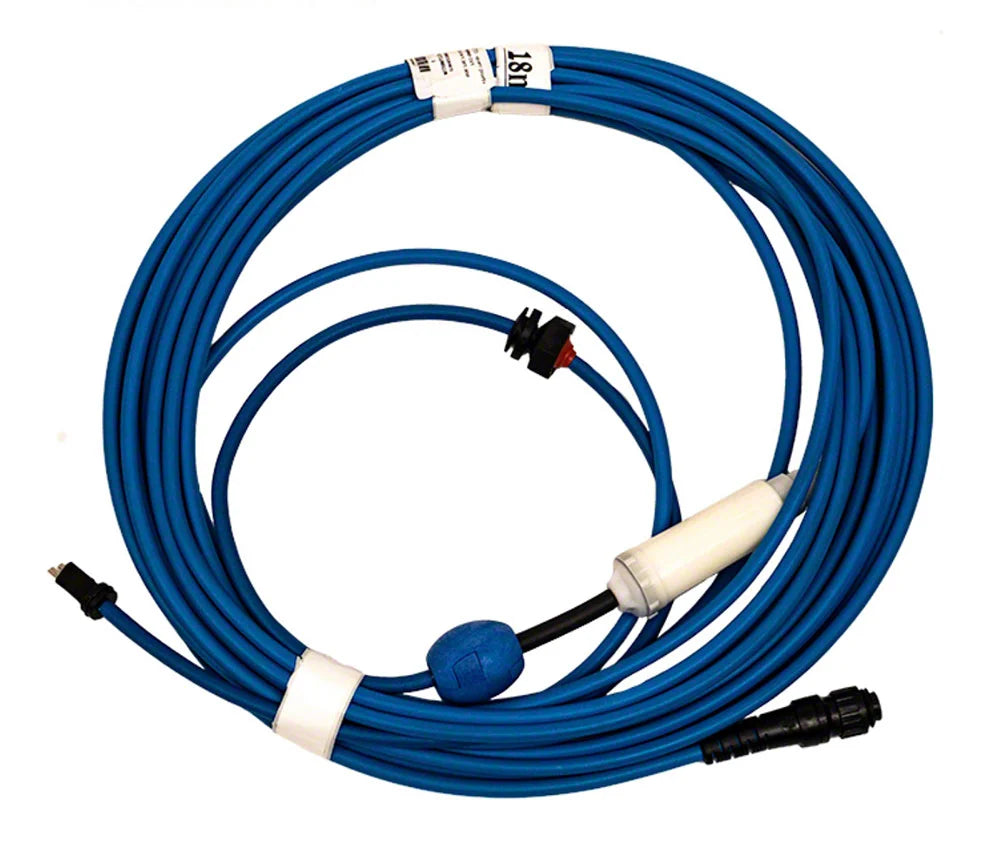 Câble bleu Maytronics avec pivot, deux fils, longueur indiquée 18 m