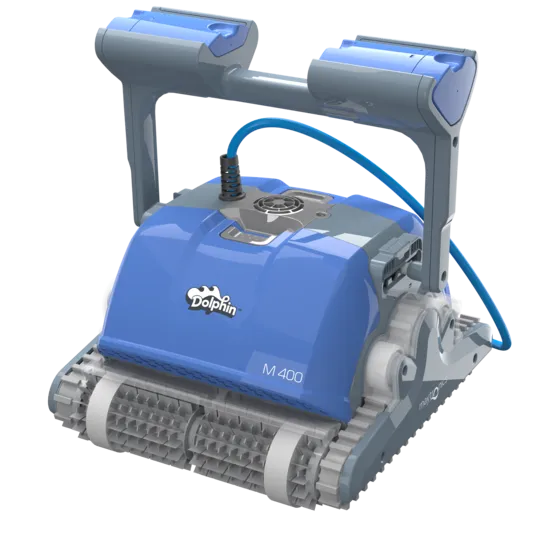 Robot de piscine Dolphin M400 Maytronics, vue du robot bleu et gris