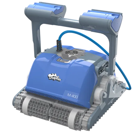 Robot de piscine Dolphin M400 Maytronics, vue du robot bleu et gris