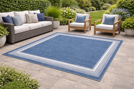 Seaside Harbor Blue Outdoor Rug – Blue patio rug with spa and natural border