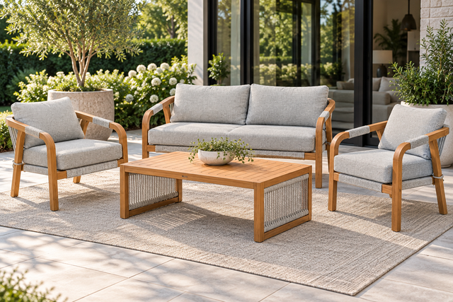 Ensemble Atoll Luna 4 pièces en teck avec tissu Fontelina : divan double, deux fauteuils et table basse sur une terrasse