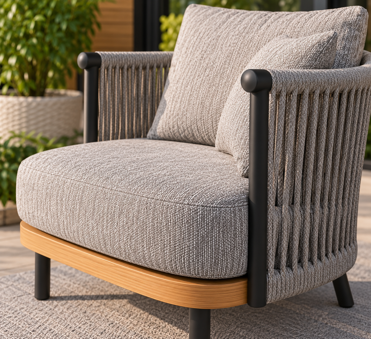 Fauteuil extérieur Aziana par ATOLL avec structure noire, cordage gris et coussins