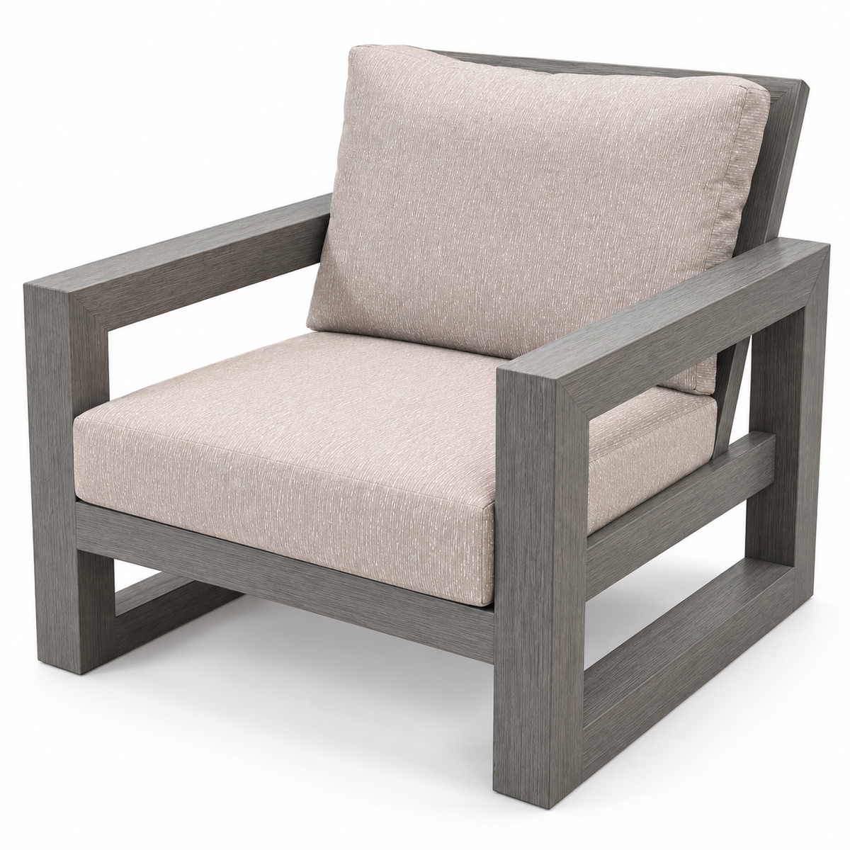 Fauteuil club Ratana Milano avec structure en aluminium gris Opal Grey et coussins clairs, sur fond blanc