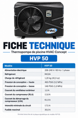Fiche technique de la thermopompe HVAC Concept HVP50 : alimentation 208–240 V et fusible maximal de 30 A