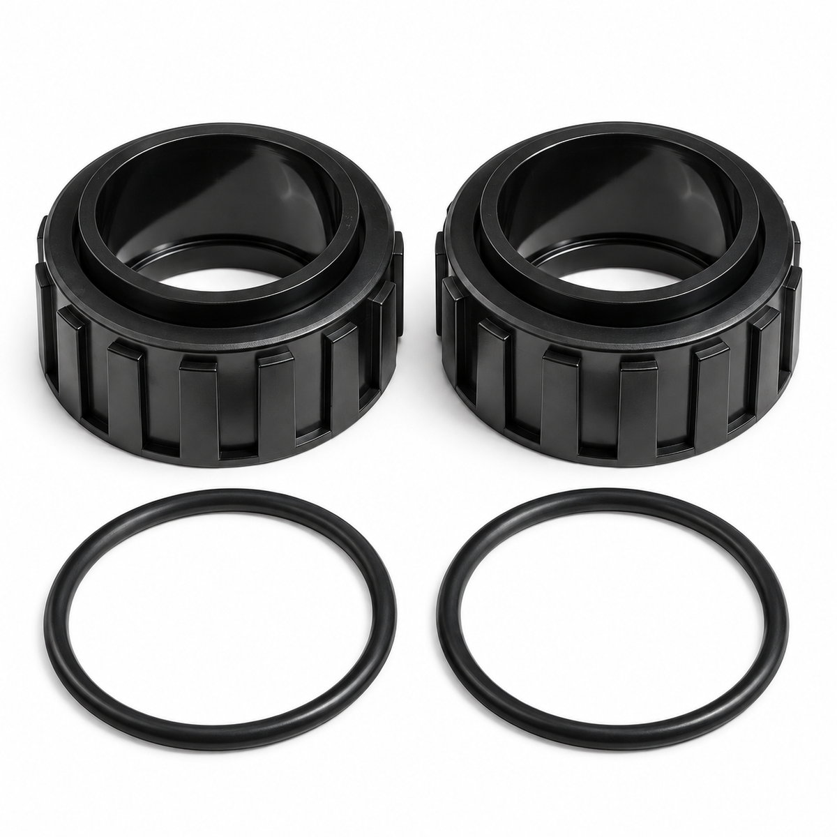 Ensemble d’union MOOV MPUK2 de 2 po pour pompe de piscine, deux raccords et deux joints toriques sur fond blanc