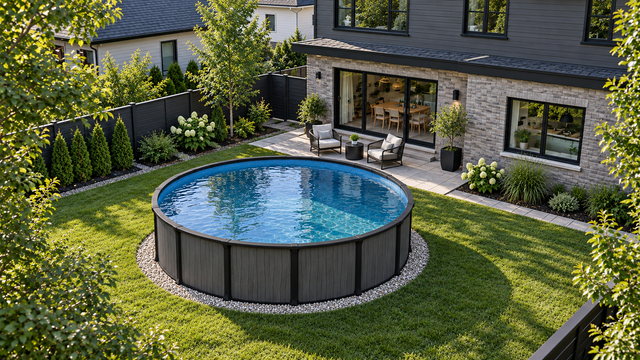 Illustration de la piscine ronde Orléans Alani dans une cour paysagée, vue depuis la maison