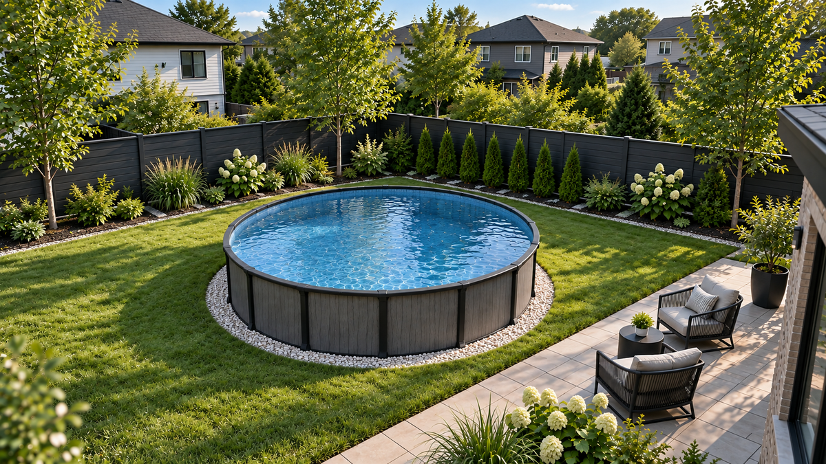 Illustration de la piscine hors terre Orléans Alani près d’une terrasse et d’un jardin