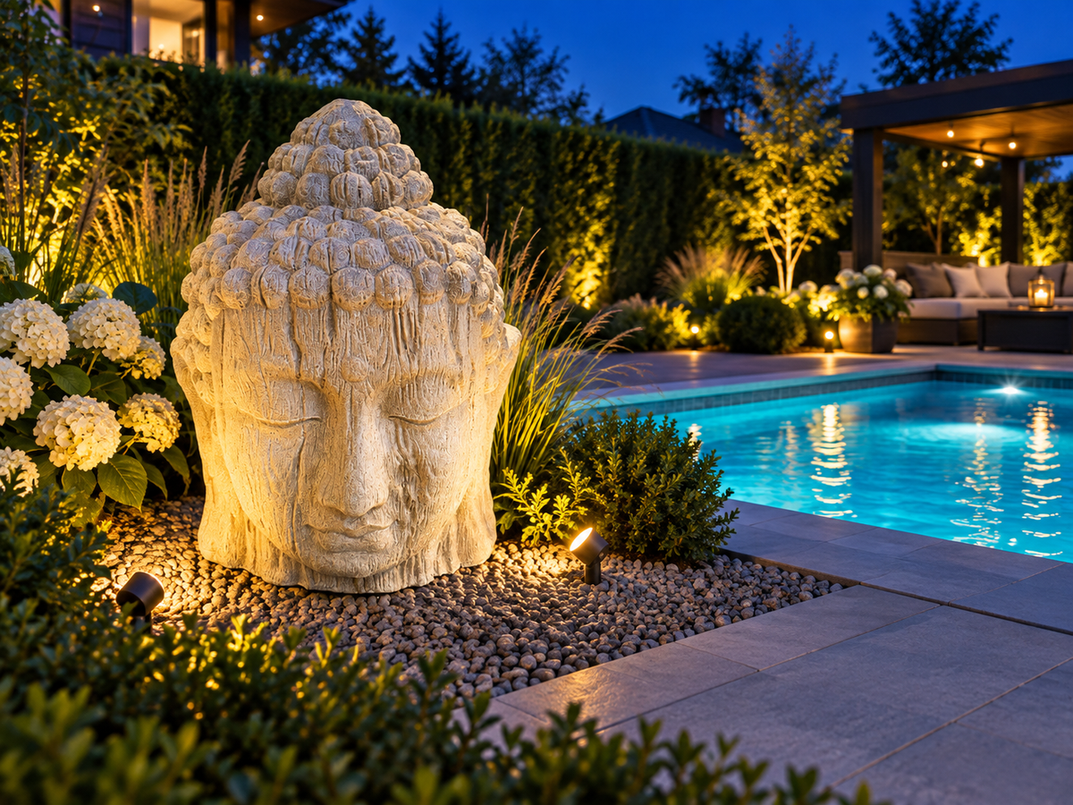 Sculpture de tête de Bouddha Atoll blanc sable éclairée près d’une piscine au crépuscule
