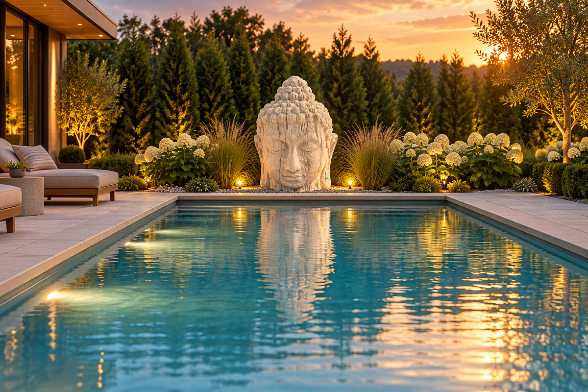 Sculpture de tête de Bouddha Atoll blanc sable devant une piscine au coucher du soleil