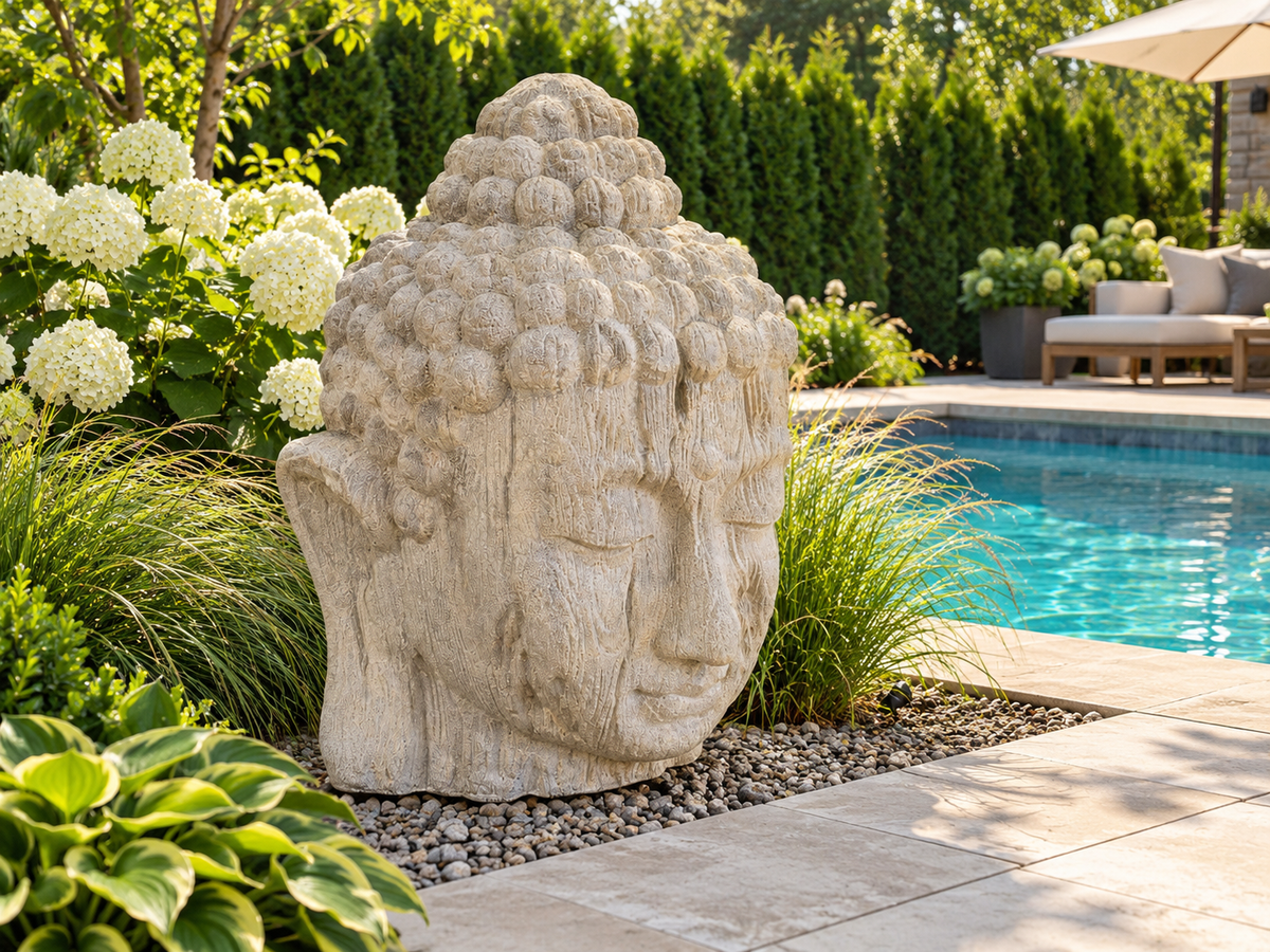 Sculpture de tête de Bouddha Atoll en béton blanc sable de 58 po de haut, vue rapprochée près d’une piscine