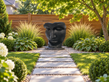 Sculpture de visage Atoll noire disposée au bout d’une allée de jardin
