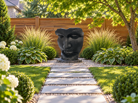 Sculpture de visage Atoll noire disposée au bout d’une allée de jardin