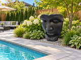 Sculpture de visage Atoll noire dans un aménagement paysager près d’une piscine