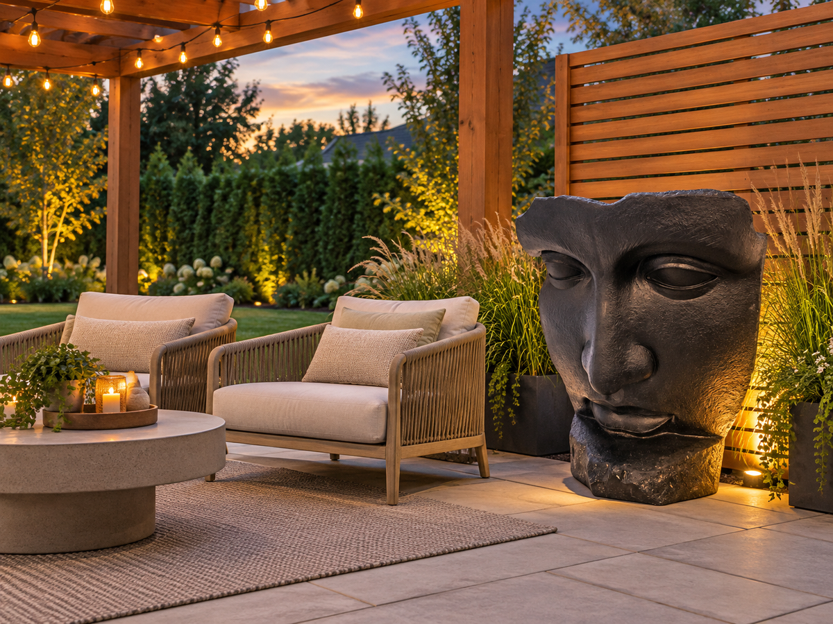 Sculpture de visage Atoll noire près d’un salon extérieur sous une pergola au crépuscule
