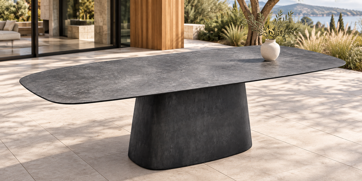 Table à manger extérieure ATOLL Horizon 94 x 43 po en fibrociment Charcoal avec pied central