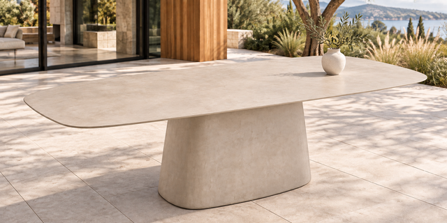 Table à manger extérieure ATOLL Horizon 86 x 43 po en fibrociment Light Sand avec pied central