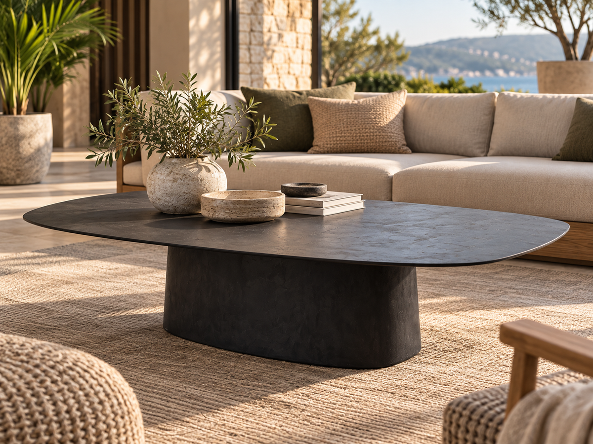 Mise en ambiance de la table basse Atoll Azura charcoal sur une terrasse